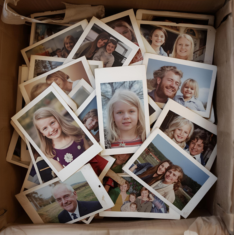 Old family photos being organised for scanning